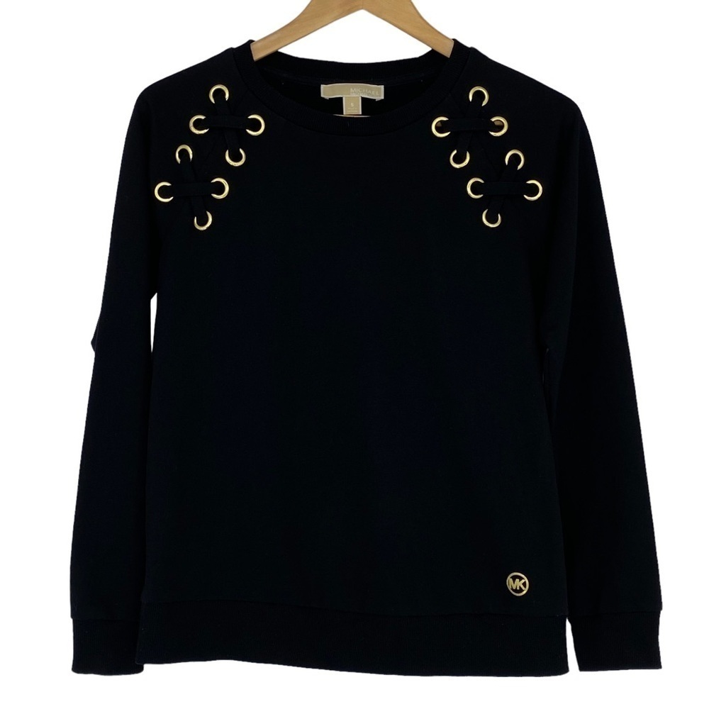 MICHAEL Michael Kors black crew neck sweatshirt with laced gold shoulder details